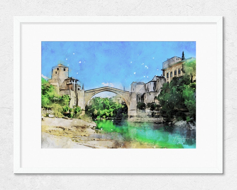 Mostar Wall Art Poster Bosnia and Herzegovina Watercolor Wall Art Mostar on a Sunny Day Watercolor Print