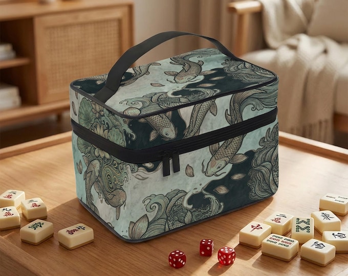 Pisces Mahjong Tile Case: Koi Fish Design in Teal and Gold