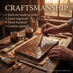 A person is engraving wooden tiles with intricate designs on a wooden table, surrounded by various tools and materials.