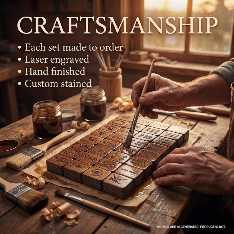 A person is engraving wooden tiles with intricate designs on a wooden table, surrounded by various tools and materials.