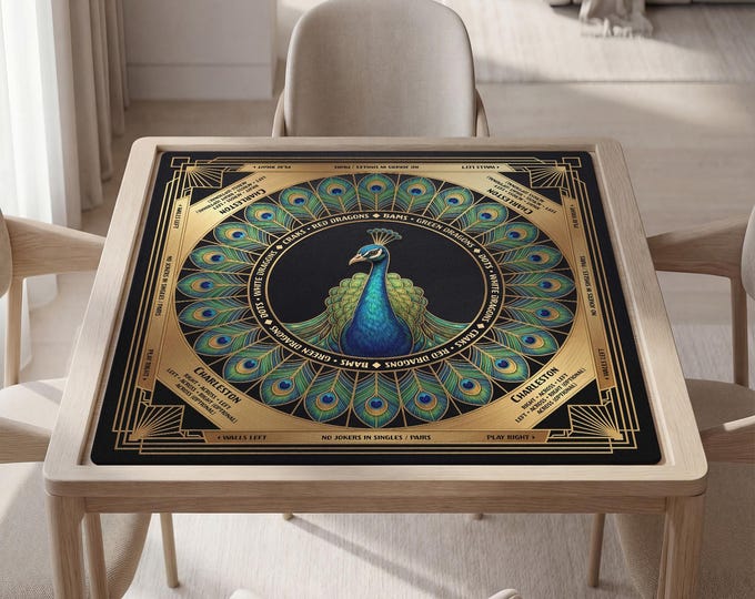 Mahjong Playing Mat with Instructions: Elegant Peacock Design (Custom Text & Carry Bag)