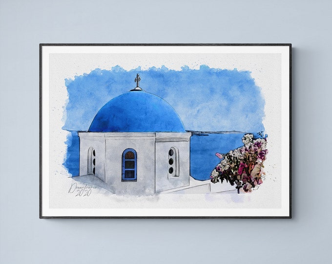 Blue Dome Church in Santorini Watercolor Print Greece Art  Premium Quality Travel Poster Artful Wall Decor Unframed Wall Art