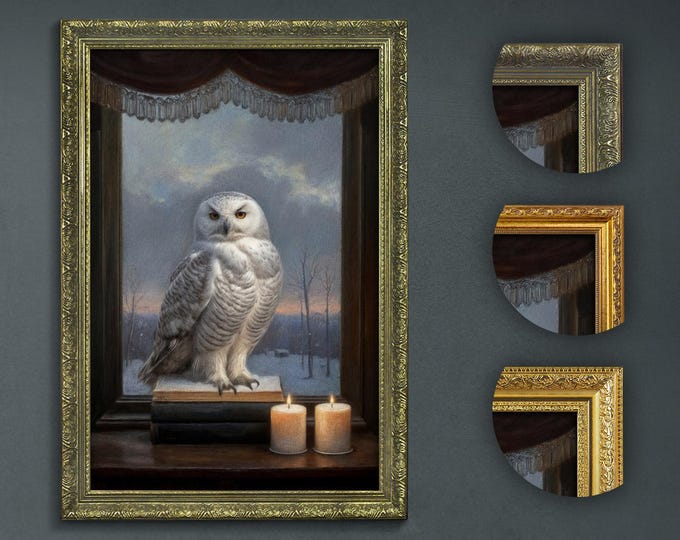 Snowy Owl Art Print, Dark Academia Decor, Serene Winter Landscape, Mystical Owl on Antique Books, Moody Snowy Evening, Elegant Home Decor
