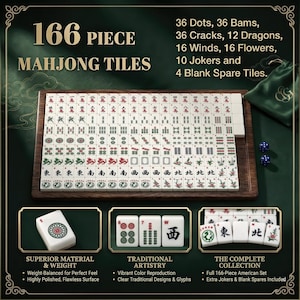 The image is an advertisement for a Mah Jongg tile set, featuring a large Mah Jongg tile set with various pieces and a smaller set of tiles.