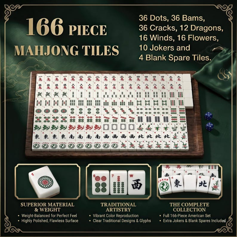The image is an advertisement for a Mah Jongg tile set, featuring a large Mah Jongg tile set with various pieces and a smaller set of tiles.