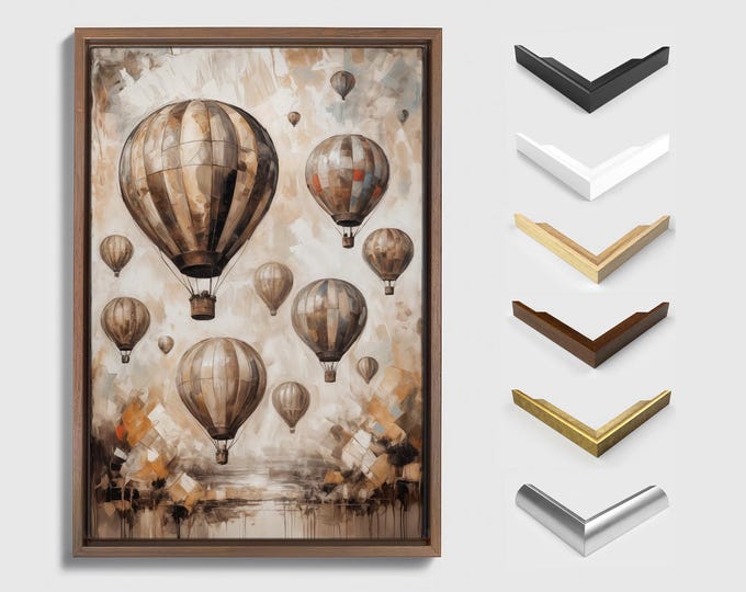 Vintage Balloon Art, Abstract Hot Air, Elegant Home Decor, Framed Canvas Print, Earthy Tones, Unique Wall Hanging, Living Room Gift