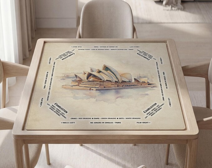 Personalized Sydney Opera House Watercolor Mahjong Mat with Instructions (Rules)