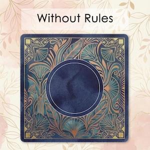 a square with a blue background and an intricate, ornate design in shades of blue, gold, and green. The design includes floral patterns, leaves, and geometric shapes. The text "Without Rules" is displayed above the image.
