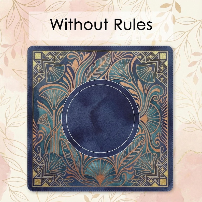 a square with a blue background and an intricate, ornate design in shades of blue, gold, and green. The design includes floral patterns, leaves, and geometric shapes. The text "Without Rules" is displayed above the image.
