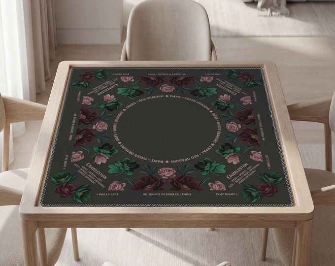 Fully Personalized Mahjong Mat with Instructions (Rules), Dark Floral Design