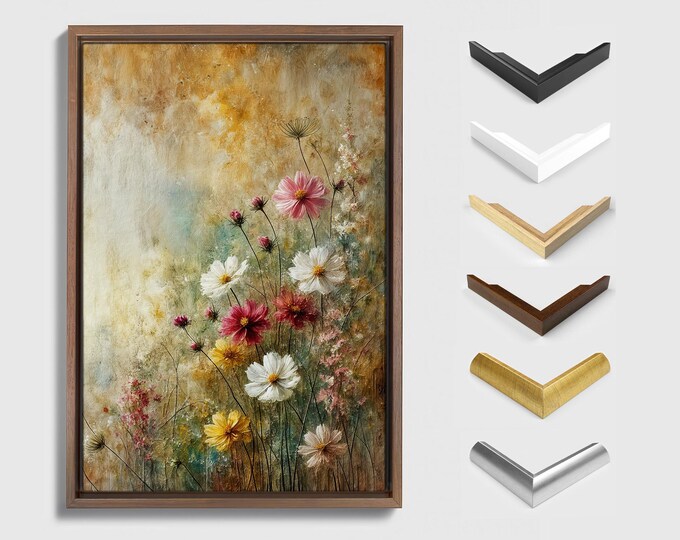 Floral Bliss Framed Canvas Art, Textured Impressionist Wildflowers, Neutral Wall Decor, Botanical Artwork for Home and Office Ready to Hang