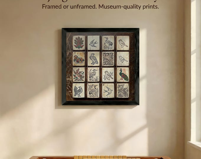 Mahjong Bird Tiles Wall Art: 16 Vintage Illustrations - Framed or Unframed Decor