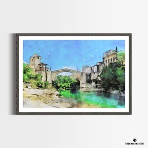 Mostar Wall Art Poster Bosnia and Herzegovina Watercolor Wall Art Mostar on a Sunny Day Watercolor Print