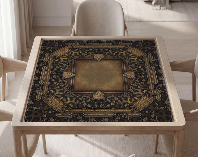 Personalized Masculine Mahjong Mat with Instructions (Rules) - Leopard Design