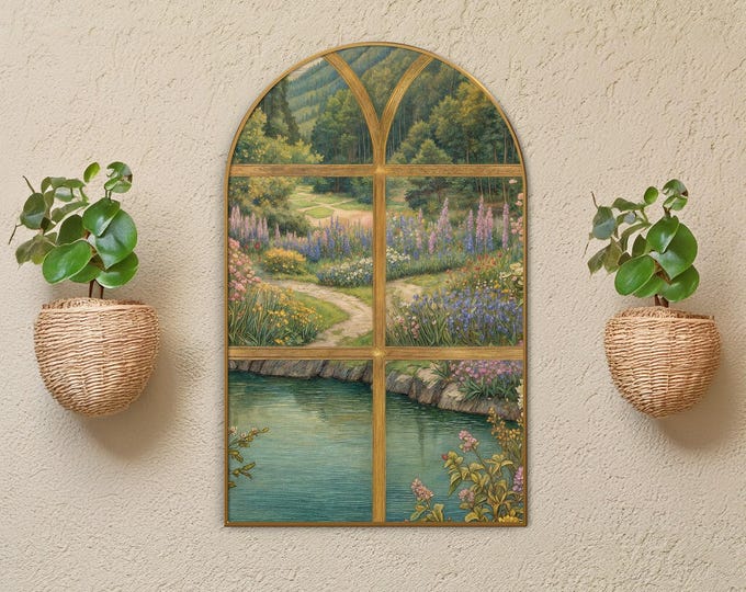 Arched Window Canvas Print: Pond Landscape, Gold Frame