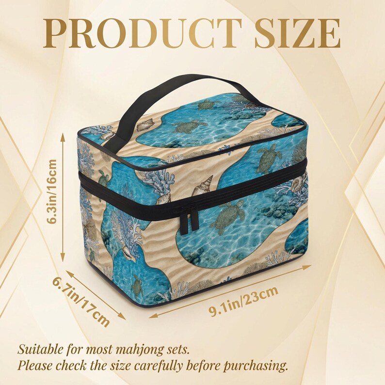 The image is a product size advertisement for a makeup bag with a beach and ocean design. The bag is described as suitable for most mahjong sets and has dimensions of 6.3in/17cm. The ad also provides a warning to check the size carefully before purchasing.