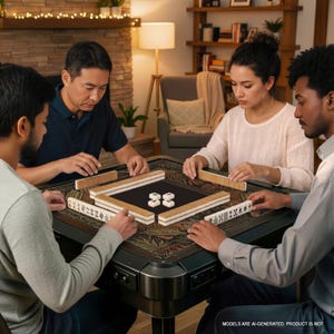 A group of four people are playing a game of mahjong on a large, decorative table.