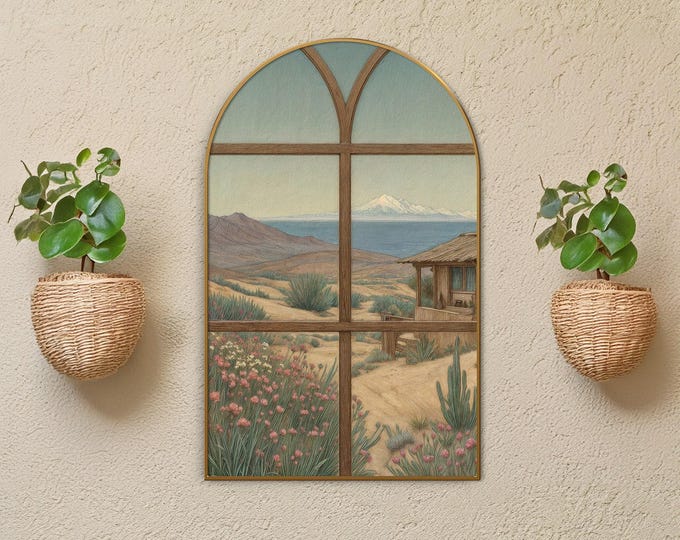 Arched Desert Landscape Canvas Art: Rustic Cabin Mountain View