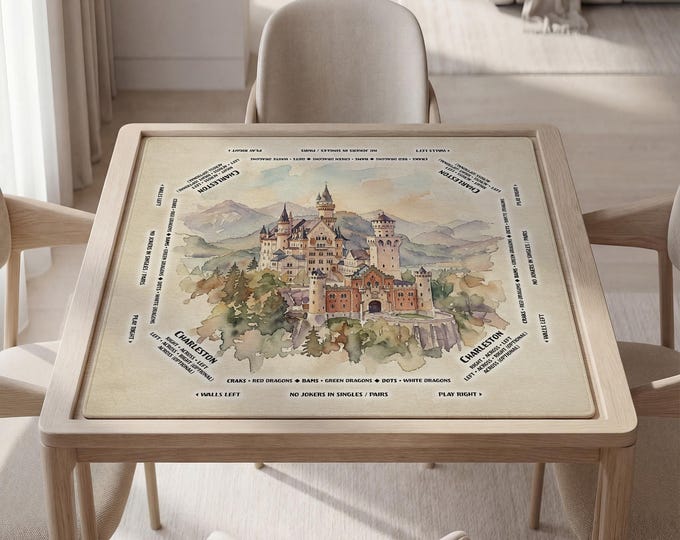 Personalized Neuschwanstein Castle Mahjong Mat with Instructions (Rules), Watercolor