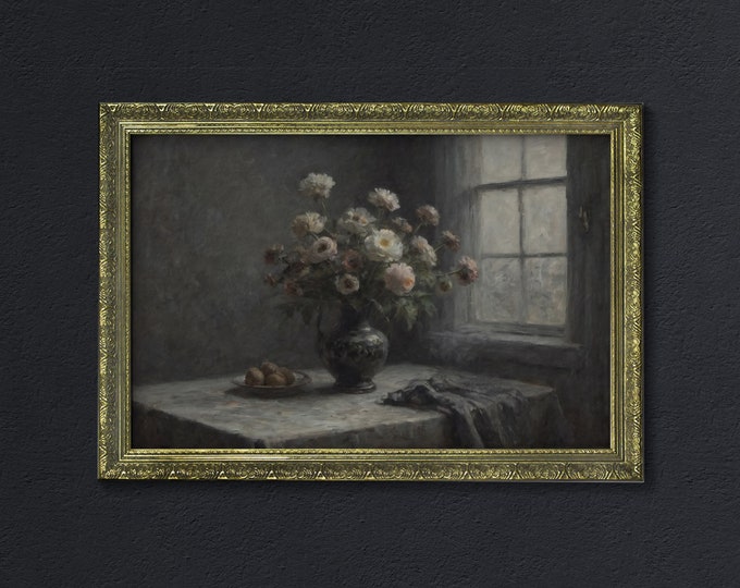 Moody Dark Print, Roses in a Vase, Dark Academia Decor, Rustic Dark Cottagecore Decor, Moody Cottagecore Wall Art, Framed Retro Wall Decor