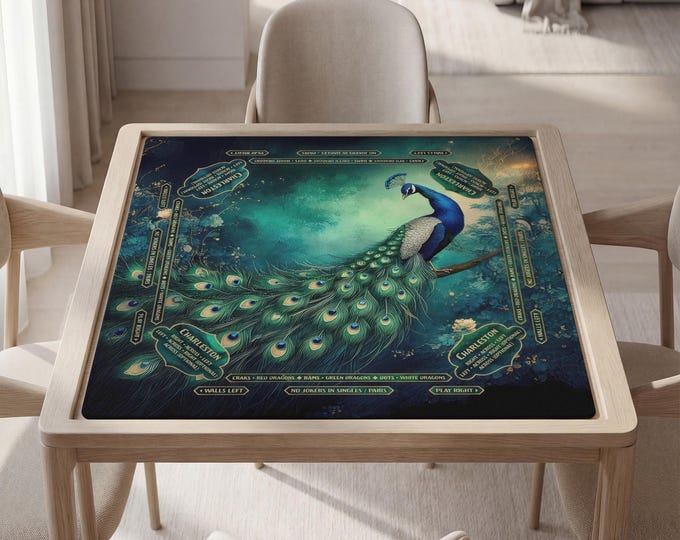 Personalized Peacock Mahjong Mat with Instructions (Rules), Quiet Play Surface