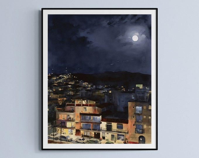 Full Moon over Puerto Vallarta Watercolor Print Mexico Art Premium Quality Travel Poster Artful Wall Decor Unframed Wall Art