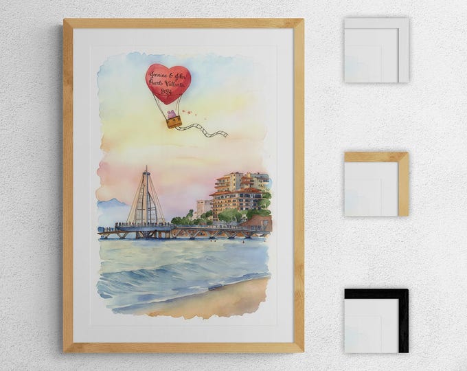 Puerto Vallarta Personalized Art, Custom Mexico, Romantic Travel Poster, Watercolor Print, Unique Wall Decor, Museum Quality Paper