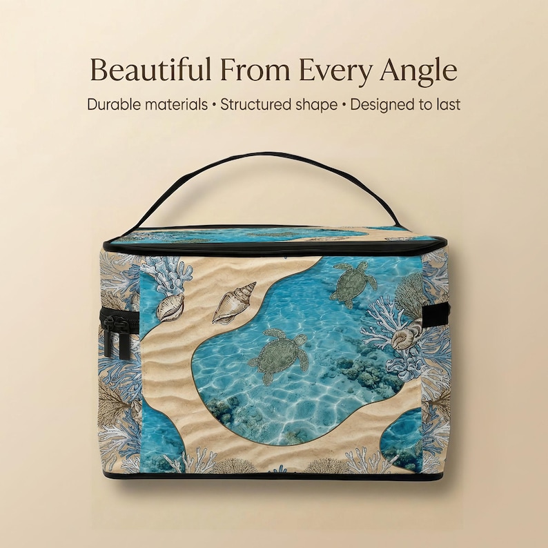 a blue and white tropical-themed bag with a sandy beach and ocean scene printed on it.