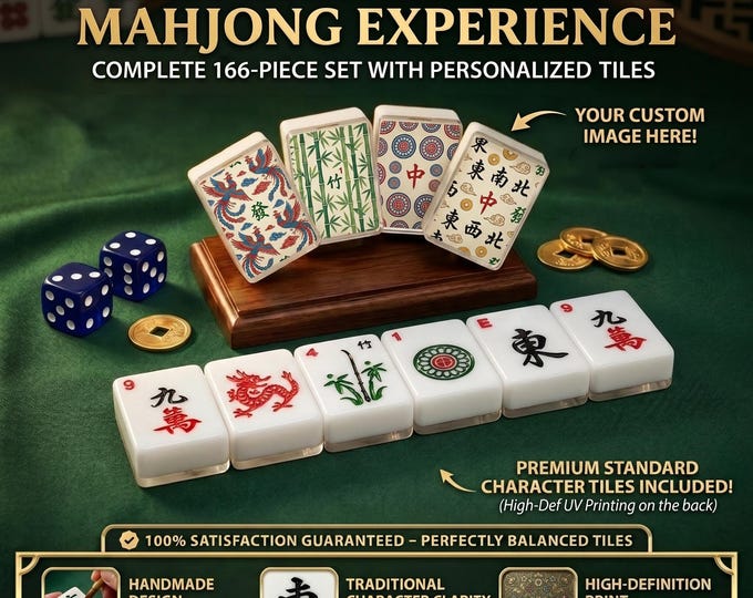 Custom Mahjong Set: Personalized Tiles, Acrylic (166 Pieces with Dice and Case)