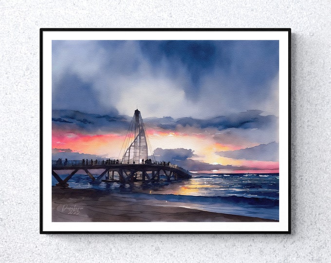 Puerto Vallarta Pier at Sunset Watercolor Print Mexico Art Premium Quality Travel Poster Artful Wall Decor Unframed Wall Art