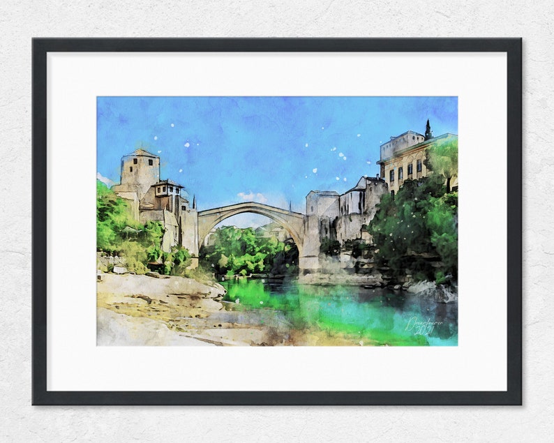 Mostar Wall Art Poster Bosnia and Herzegovina Watercolor Wall Art Mostar on a Sunny Day Watercolor Print