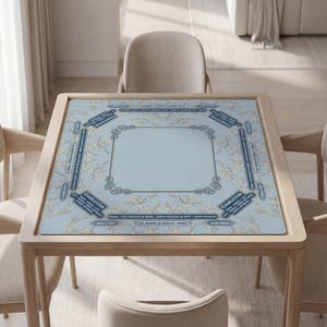 Personalized Mahjong Mat, Light Blue Floral, Soft Polyester, Non-Slip Rubber Backing
