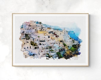 Santorini Watercolor Print Greece Art Premium Quality Travel Poster Artful Wall Decor Unframed Wall Art