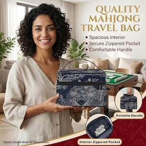 A woman with curly hair is holding a blue travel bag with a floral pattern, standing in a living room with a couch and a coffee table in the background.