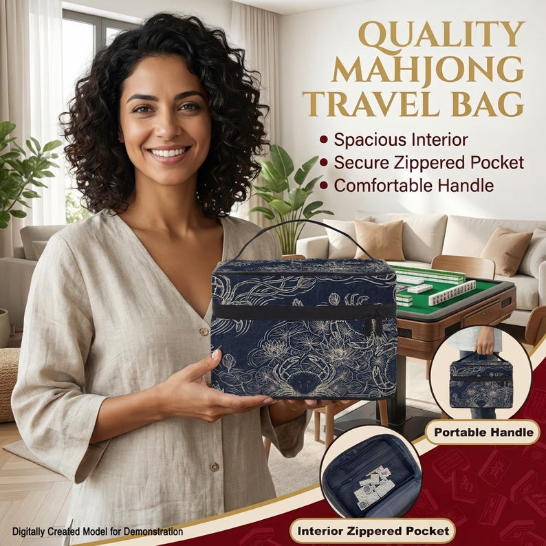 A woman with curly hair is holding a blue travel bag with a floral pattern, standing in a living room with a couch and a coffee table in the background.