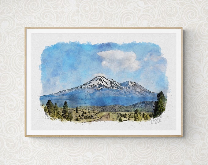 Mount Shasta Watercolor Print California Art Premium Quality Travel Poster Artful Wall Decor Unframed Wall Art