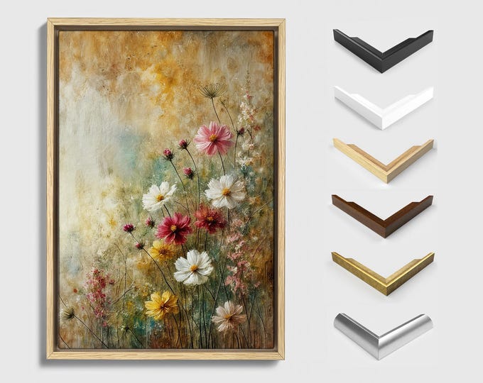 Textured Wall Art, Neutral Floral Print, Wildflower Canvas, Impressionist Botanical Framed Canvas, Elegant Home Decor, Ready to Hang