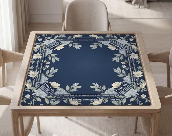 Mahjong Game Mat with Inctructions, Navy Floral Design, Personalized Text (31.5" Square)