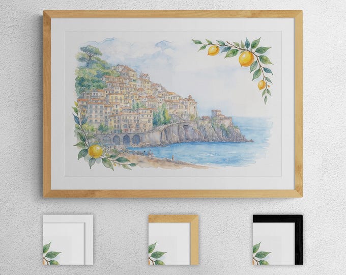 Amalfi Italy Watercolor Print, Coastal Beach Wall Art, Mediterranean Seaside Painting, Framed or Unframed, Romantic Italian Landscape