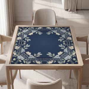 Personalized Mahjong Mat, Navy Floral Design, Soft Polyester, Non-Slip Rubber
