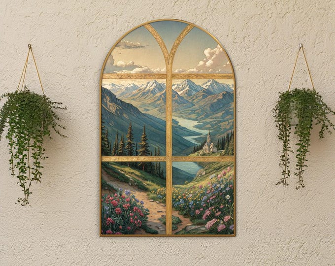 Arched Window Canvas Print: Mountain Landscape, Gold Frame