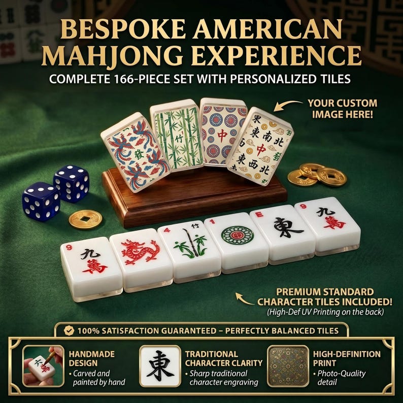 The image is an advertisement for a bespoke American mahjong experience, featuring a complete set of 16-piece tiles with personalized tiles, a wooden board, and various game components such as dice and coins.