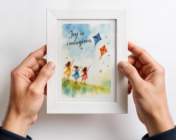 Joy is Contagious Affirmation Print: Kids Flying kites, 5x7 in (13x18cm), Framed or Unframed