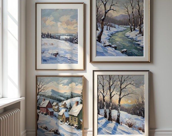 Impressionist Winter Landscape Prints: Snowy Countryside & Cozy Cottage Set