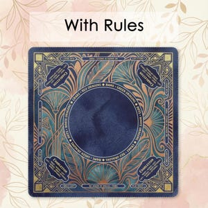 a square-shaped, ornate blue and gold design with a central circular element. The design includes various decorative elements such as leaves, flowers, and geometric patterns. The text "With Rules" is displayed above the design.