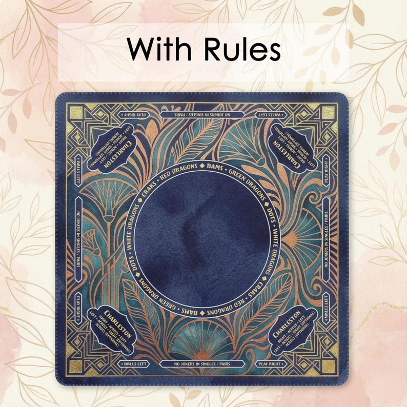 a square-shaped, ornate blue and gold design with a central circular element. The design includes various decorative elements such as leaves, flowers, and geometric patterns. The text "With Rules" is displayed above the design.