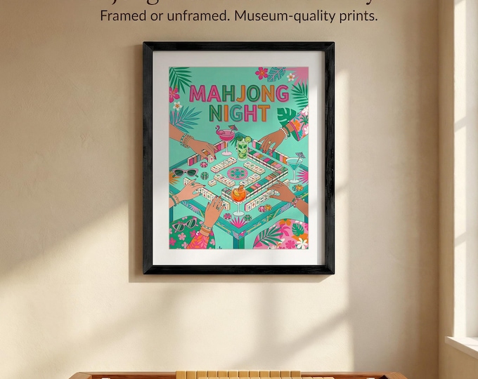 Preppy Mahjong Night Art Print Tropical Palm Beach Girls Getaway Wall Decor