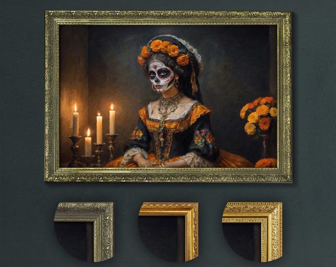 Elegant Day of the Dead Art, Catrina with Candles, Traditional Mexican Dia de Los Muertos Decor, Gothic Dark Academia Home Decor