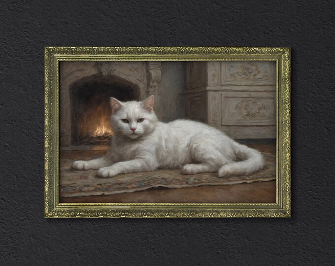 Moody Dark Print, White Cat, Dark Academia Decor, Rustic Dark Cottagecore Decor, Moody Cottagecore Wall Art, Dark Moody Framed Retro Decor