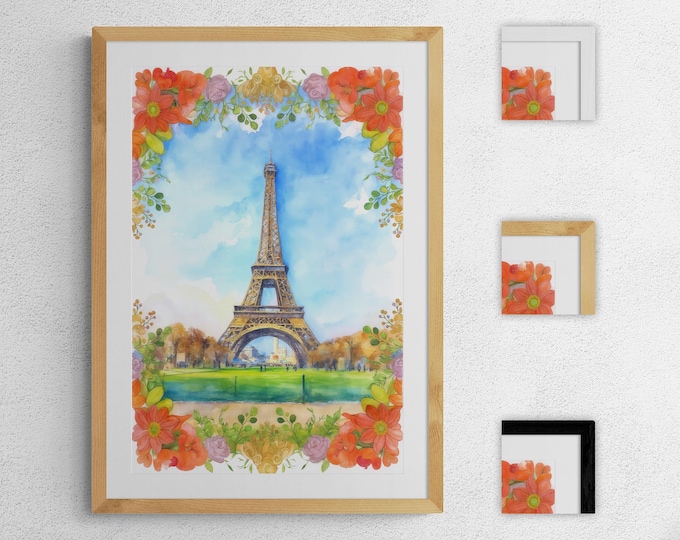 Paris Eiffel Tower Watercolor Print, Romantic France Wall Art, Floral Framed or Unframed Poster, French Travel Decor, Soft Pastel Painting
